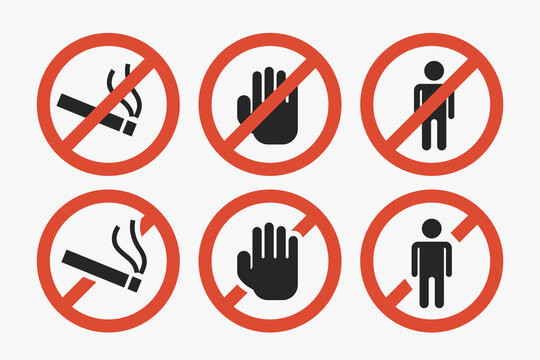 various prohibition signs in set on white