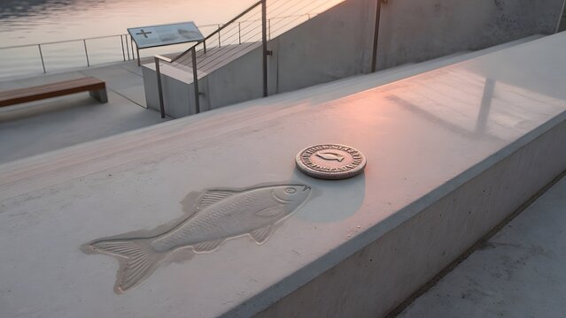 a contemporary Christian symbolic image showing a single coin from the fish&rsquo;s mouth placed on a clean stone step beside a faint fish-shaped water trace