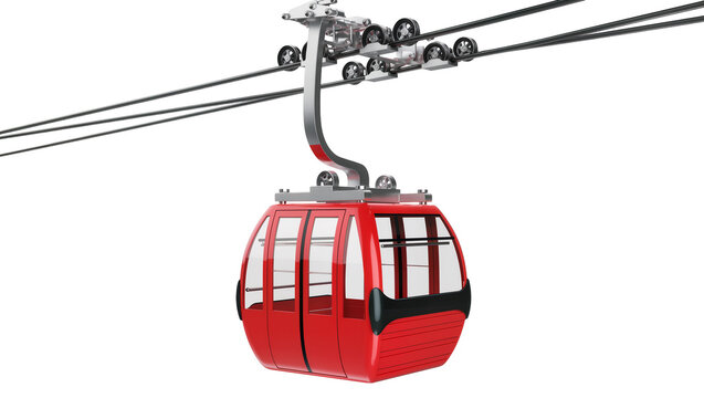 Red cable car cabin with metallic suspension system, isolated on transparent background