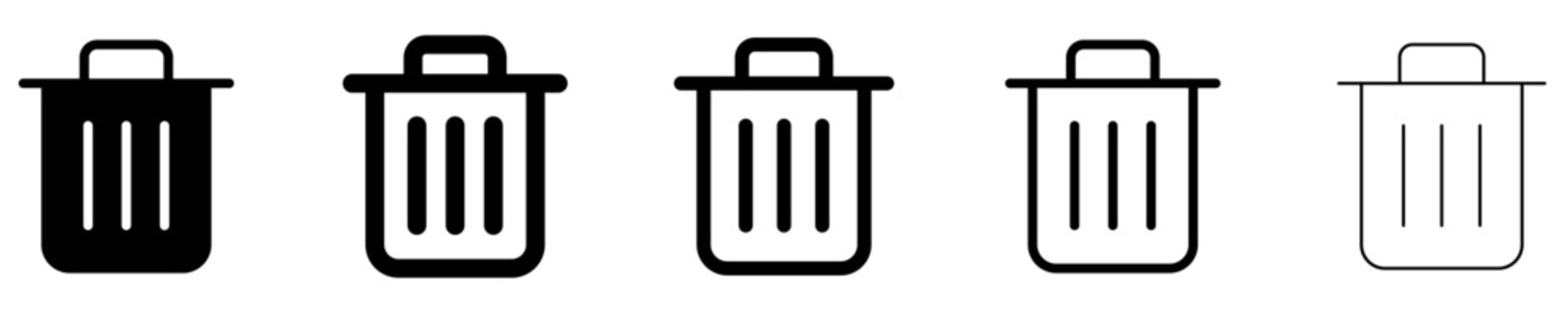 Set of trash bin icons, symbols for delete, remove, and file management. Vector illustration