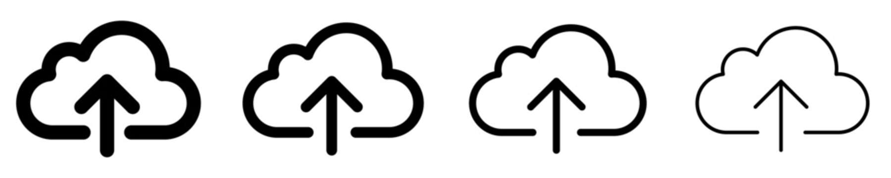 Set of cloud upload icons, symbols for cloud storage, data transfer, and synchronization. Vector illustration