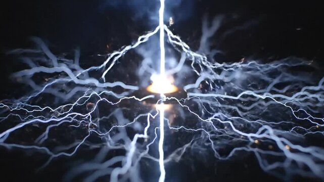 Dramatic blue lightning strike with fiery explosion on dark night sky