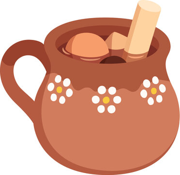 Mexican Ponche de frutas navide&ntilde;o  (Christmas fruit punch) in traditional clay cup. Hand drawn vector clipart illustration.