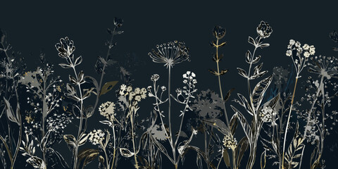 Floral ornament with wildflowers on a dark teal background © Bipul