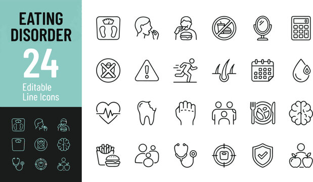Eating Disorder Line Editable Icons set. Vector illustration in modern thin line style of mental health icons: anorexia, bulimia, binge eating, body image, nutrition, recovery, therapy, medical