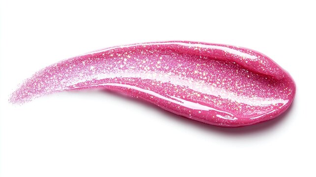 vivid pink glitter lip gloss smear, shaped like a long, curved brushstroke, on a pristine white background, the texture of the gloss is visibly smooth and thick