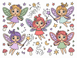 Obraz premium Collection of cute fairy characters with wings and magic wands whimsical fantasy illustration for childrens books and party invitations isolated on white