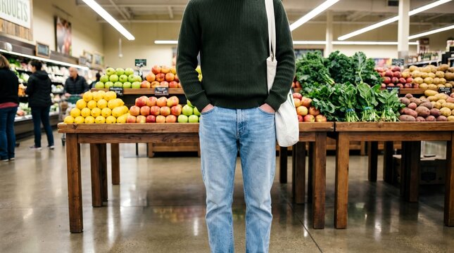 A person wearing a dark green ribbed sweater and light blue denim jeans stands casually with hands in pockets