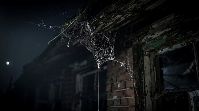 Spooky abandoned house exterior at night with cobwebs.