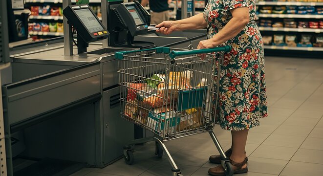 Mulher pagando suas compras no caixa do supermercado com um carrinho de compras.