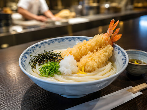 Hiyashi Udon with Crispy shrimp Tempura, Daikon and Yuzu Garnish.