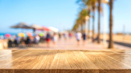 Fototapeta premium Empty Wooden Table Top with Blurred Beach Promenade Background for Summer Product Presentation and Travel Mockup.