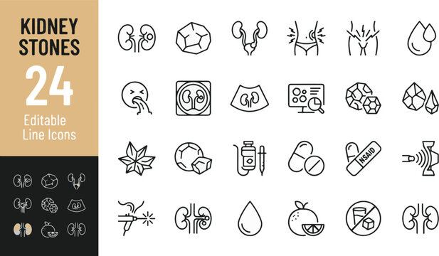 Kidney Stones and Nephrolithiasis Line Editable Icons set. Vector illustration in modern thin line style of renal health icons: urinary tract, lithotripsy, crystals, ultrasound, surgery, medication.
