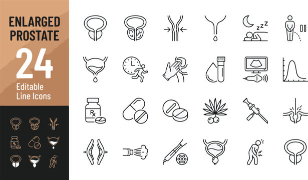 Enlarged Prostate and BPH Line Editable Icons set. Vector illustration in modern thin line style of urology health icons: bladder, urinary flow, medical diagnosis, surgery, treatment, medication, Rx.