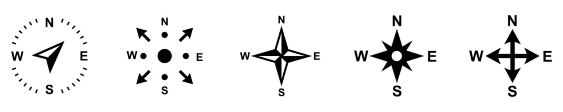 Set of wind rose and cardinal direction icons, symbols for navigation, direction, geographical orientation, and cartography. Vector illustration