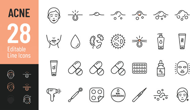 Acne and Dermatology Skincare Treatment Line Editable Icons set. Vector illustration in modern thin line style of pimple care, dermatologist tools, medicine pills, serums, non-comedogenic creams