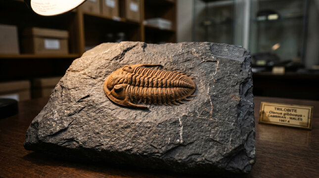 Fossilized trilobite on a rock with a label in a museum or office setting with shelving