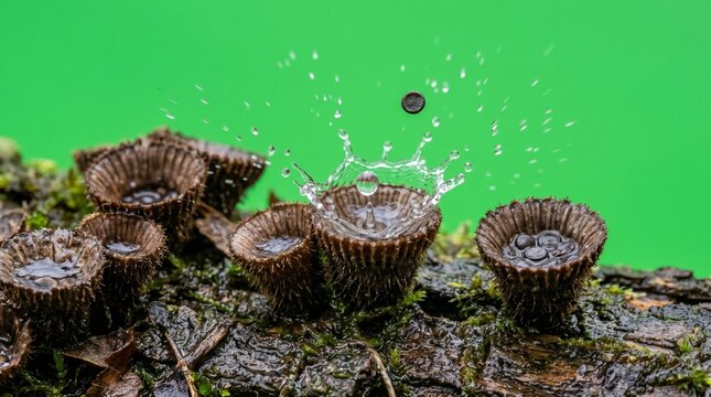 Bird's nest fungus releasing spores on wet forest floor in natural green light