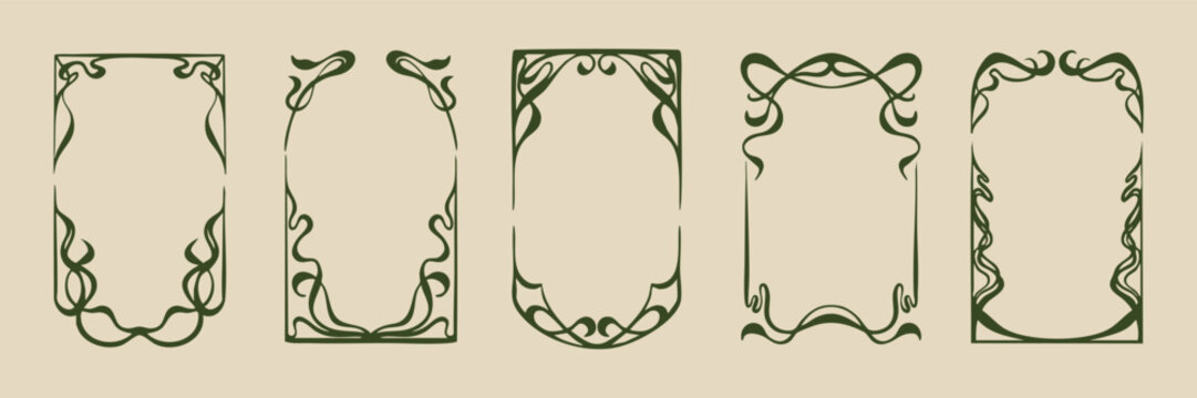 Hand drawn Art Nouveau frame collection with flowing organic lines, floral corners and elegant borders. Vintage swirl vector frames.