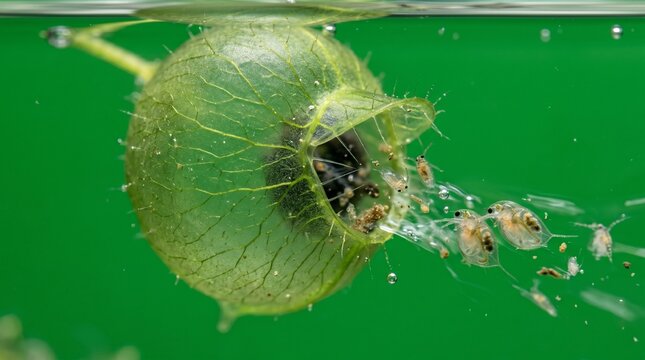 Underwater carnivorous bladderwort plant trap capturing microscopic prey in pond