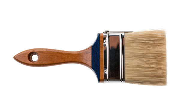 Wooden handled paint brush with metal ferrule and natural bristles, isolated on transparent background