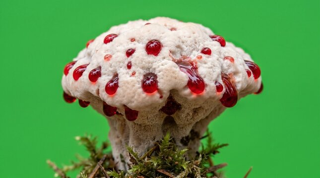Close-up of Bleeding Tooth Fungus with Red Drops on Forest Floor in Natural Light