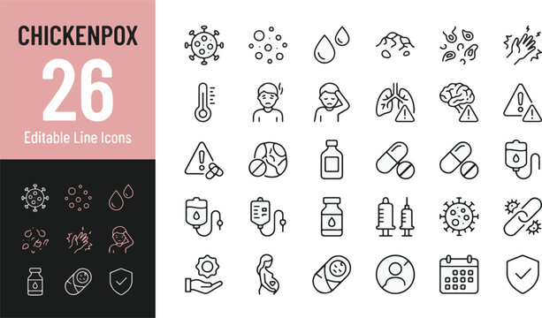 Chickenpox Line Editable Icons set. Vector illustration in modern thin line style of varicella virus, medical symptoms, rash, fever, itch, vaccine, medicine, treatment, and disease complication.