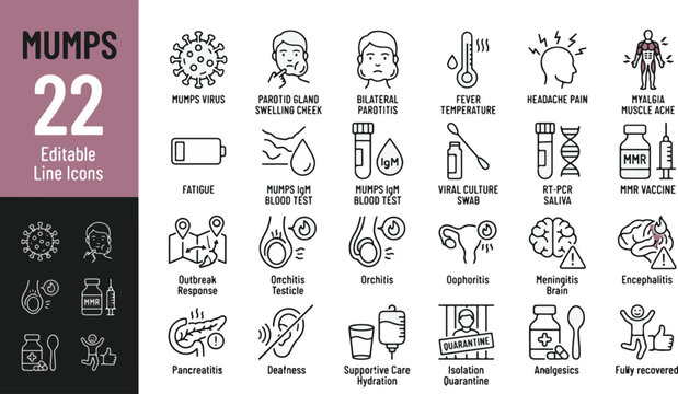Mumps Infectious Disease Line Editable Icons set. Vector illustration in thin line style of viral symptoms, medical diagnosis, and treatment: parotitis, MMR vaccine, fever, headache, and orchitis.