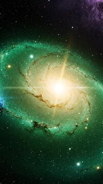 Spiral galaxy with glowing core and vibrant green cosmic gas clouds in deep space