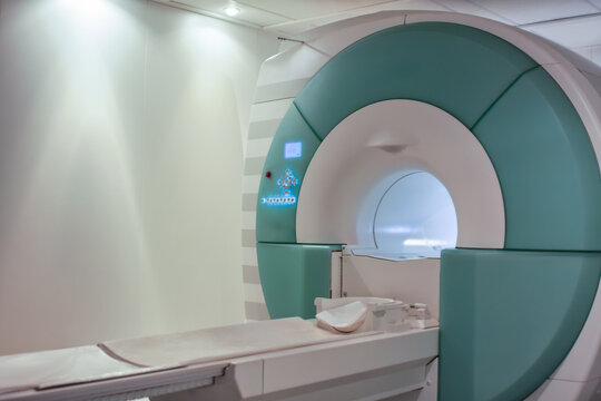 Magnetic resonance imaging scanner machine in modern hospital radiology room