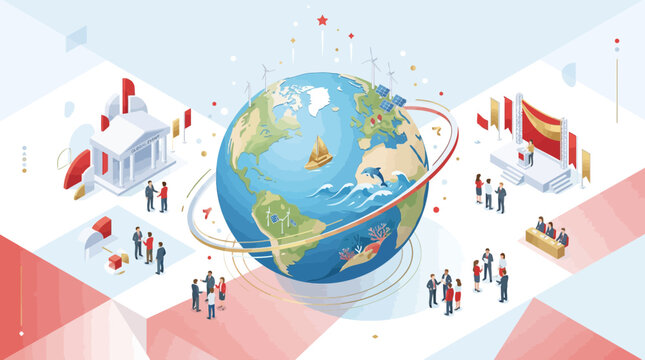 Global connections, isometric world map with people, buildings, and flags, business and finance concept