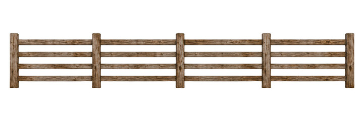 Rustic wooden farm fence isolated on a white background, featuring weathered timber rails and sturdy posts with natural wood grain texture. Traditional countryside ranch barrier, agricultural  © MJ iceberg