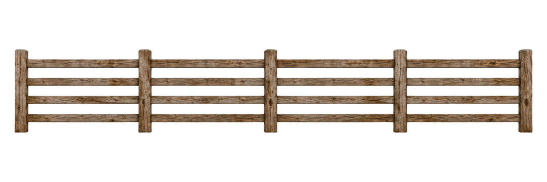 Rustic wooden farm fence isolated on a white background, featuring weathered timber rails and sturdy posts with natural wood grain texture. Traditional countryside ranch barrier, agricultural 