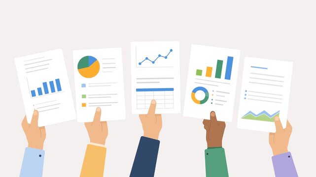 Diverse Business Hands Holding Financial Reports And Analytics Documents. Flat Design Animation. Performance Paper Work. Team Collaboration, And Corporate Reporting Concept 