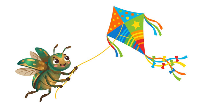 Happy Cartoon Beetle Flying Colorful Kite, Summer Fun, Isolated on White Background