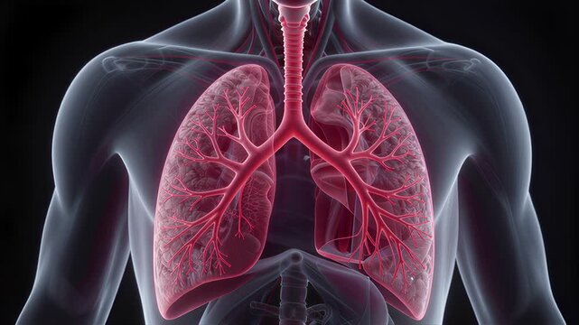 AI-generated: Close-up of a translucent human lung that is breathing.