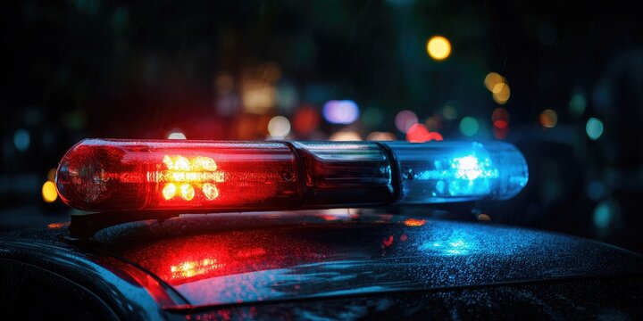 A close-up of red and blue emergency lights atop a vehicle at night, blurred city lights in background