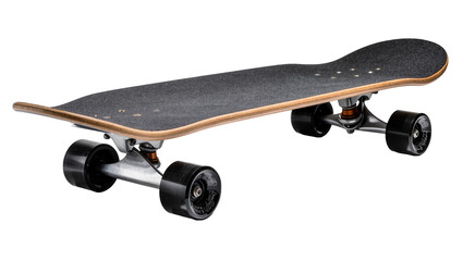 Black grip tape skateboard with wooden deck and metal trucks, isolated on transparent background © Maria
