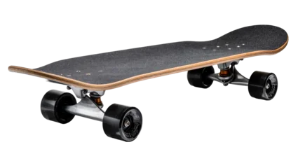 Fotobehang Skateboard Black grip tape skateboard with wooden deck and metal trucks, isolated on transparent background  © Maria