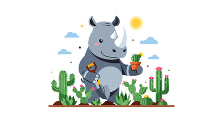 Fototapeta premium Cute Rhinoceros Planting Cactus in Sunny Desert Garden
