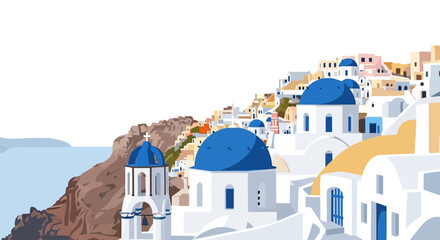 Fototapeta premium Traditional white village with blue domes overlooking the sea