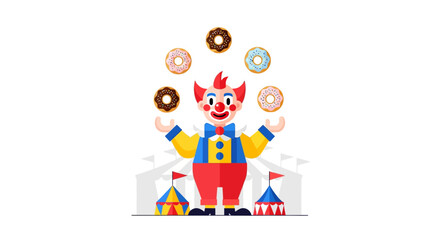 Fototapeta premium Happy Clown Juggling Donuts Cartoon - Circus Fun Food Entertainment