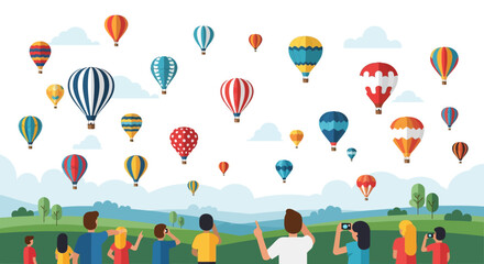 Fototapeta premium Hot Air Balloons Festival: People Watching Colorful Hot Air Balloons Against Sky