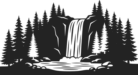 Forest waterfall silhouette vector illustration, wild river cascade surrounded by pine trees © ummehabiba8715