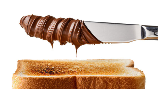 Knife spreading chocolate hazelnut spread on toasted bread slice, isolated on transparent background
