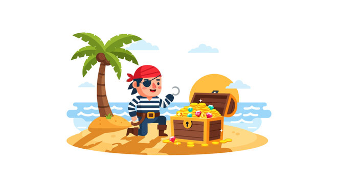 Pirate finds treasure chest with gold coins on tropical island, flat illustration