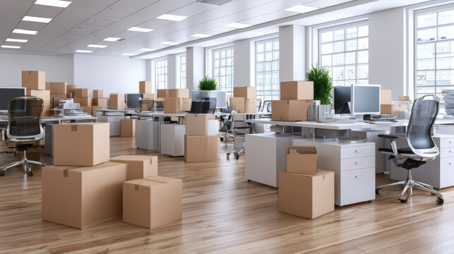 Open plan office with cardboard moving boxes desks chairs and bright workplace interior