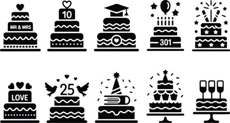 Fototapeta premium Minimalist cake and dessert glyph icon collection for special occasions and festive celebration designs