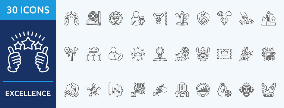 excellence
- Icon Collection. Thin outline Set contains such Icons as standard, premium, elite, merit, role model, high trust
and more. Simple web icons set
