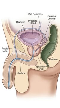 Human male urogenital: prostate gland, pelvic structure, bladder organ, seminal vesicle, vas deferens, ejaculatory duct, urethra channel, rectum bowel, pubic bone, zonal morphology.